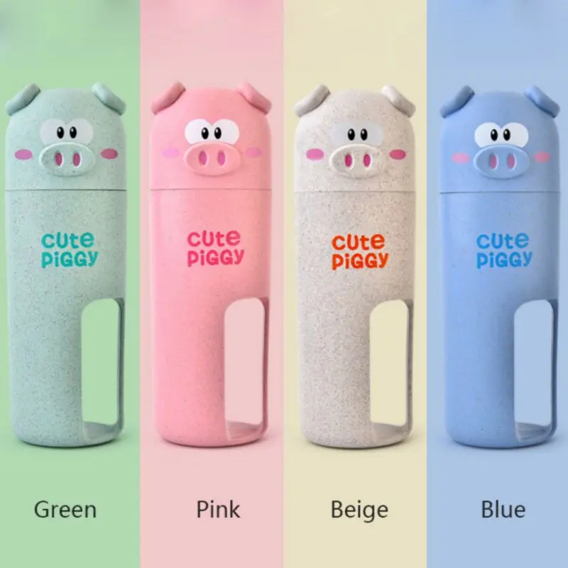 

Cartoon Pig Portable Washing Cup with Send 2 Toothbrushes Set, Wheat Straw Travel Dental Oral Care with Storage Case toothbrush