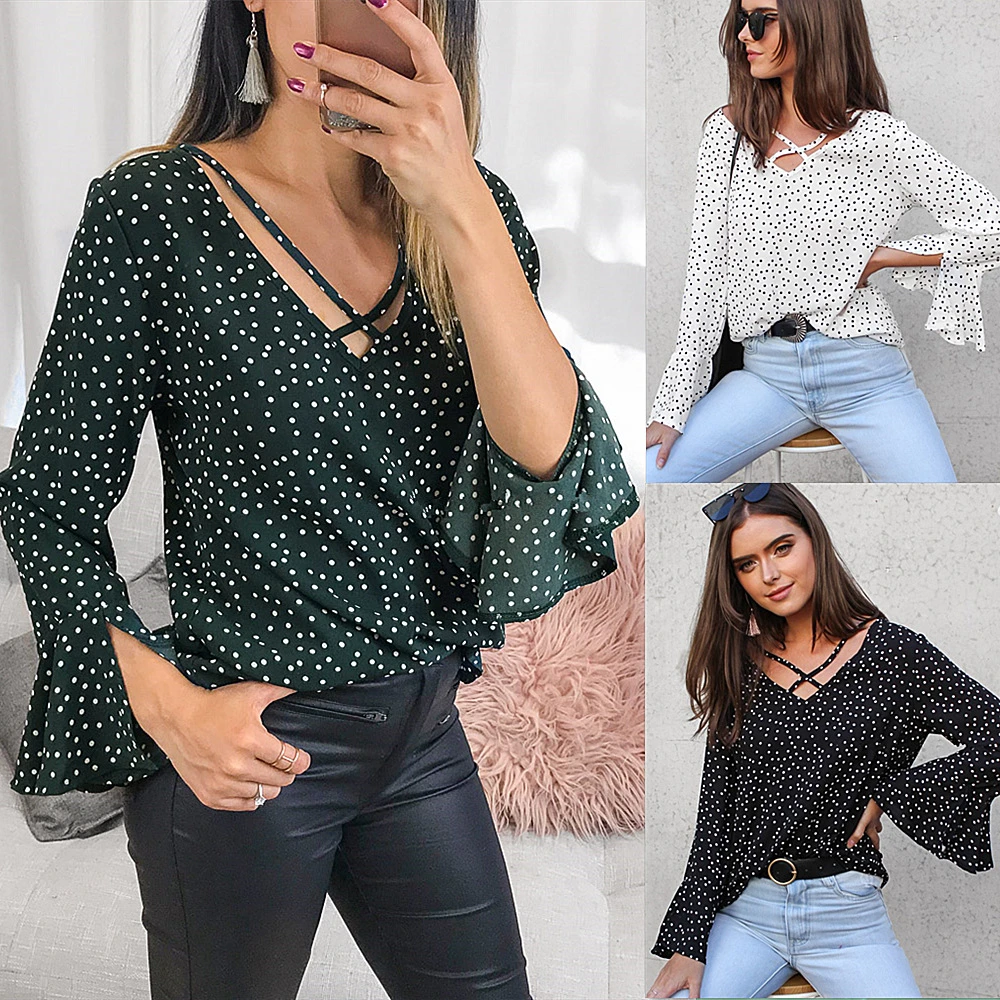 2018 nuevo blanco negro Polka Chiffon blusa camisa mujeres Sexy Deep V cuello manga larga mujeres Top camisa femenina|Blusas y camisas| - AliExpress