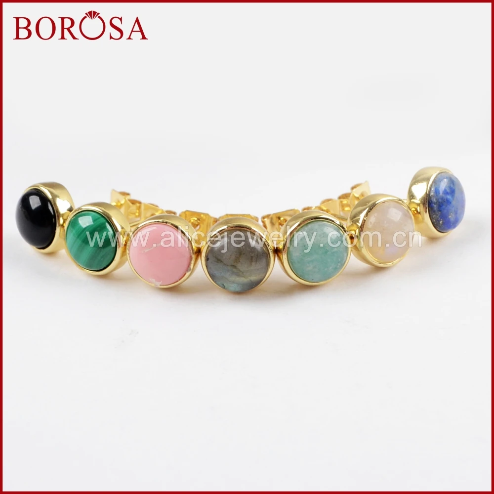 

BOROSA 5/10Pairs Gold Color Bezel 7mm Round Multi-kind Stone Stud Earrings, Natural Stone Stud Earring Jewelry for Women ZG0283