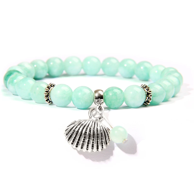 

Natural Chalcedony Bracelets Women Polished Green Angelite Stone Bangle Silver Shell Charms Bracelets Femme Friendship Pulsera