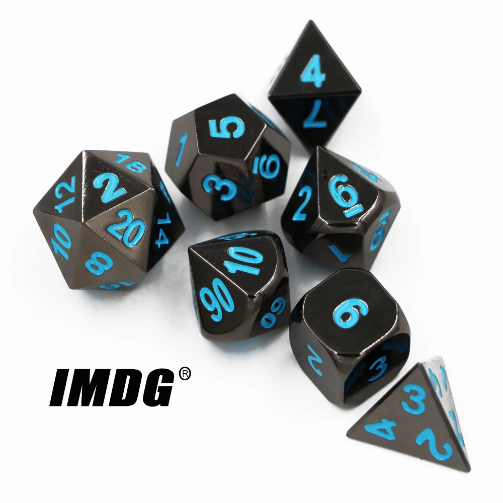 

IMDG 7pcs/set Creative RPG Game Dice Polyhedron Metal Dice DND Black Nickel Blue Digital Game Dice