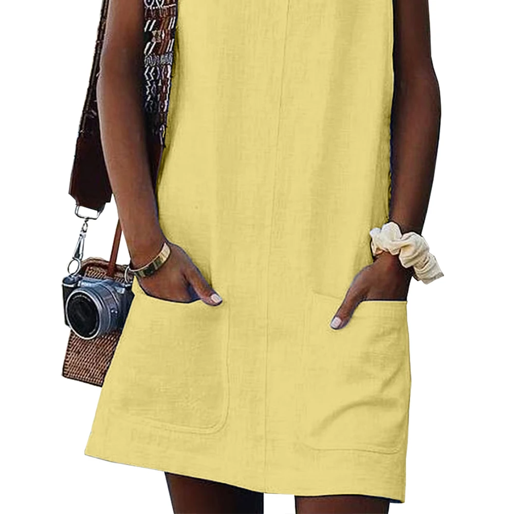 

2019 new Women's Pocket Jeans DressCasual A-line Solid Color Sexy Sleeveless Round Neck Fit Summer Mini Dresses Robe Femme