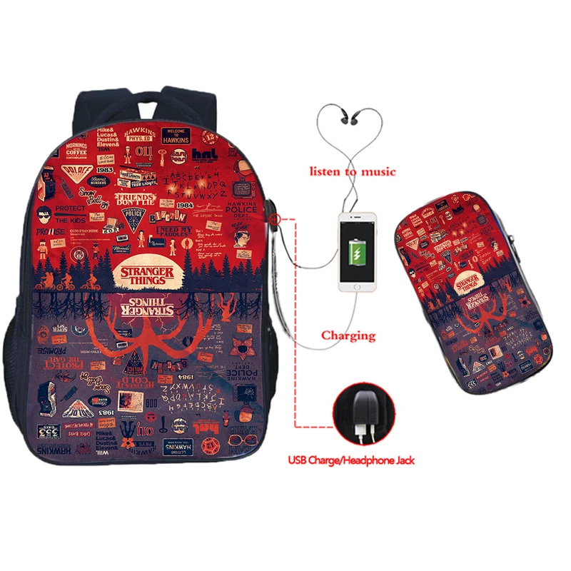 

2pcs/set Stranger Things 3 Backpack Children Boys Girls School Backpacks Back to School Bags USB Charging Backpack+pencil Case