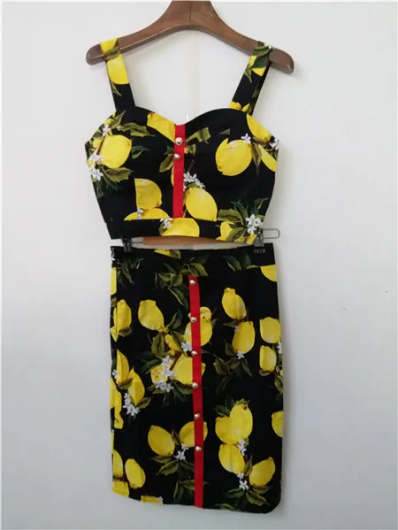ALPHALMODA летний женский модный комплект с юбкой, топ на бретелях с принтом ананаса, юбка с высокой талией, Женский праздничный костюм с юбкой - Цвет: Черный