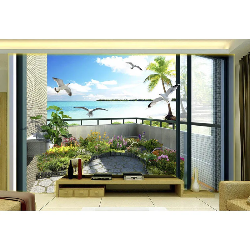 

Customized 3D Mural Wallpaper Non-woven Bedroom TV Backdrop Wall paper Mediterranean Sea View Balcony 3D Photo Wallpaper #280
