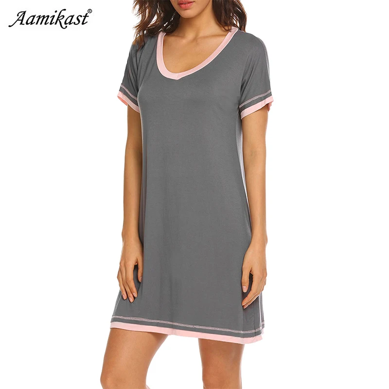 

Aamikast 2019 Women Nightgown Spaghetti Strap V-Neck Short Sleevel Patchwork Backless Summer Sleepwear Female Home Clothing