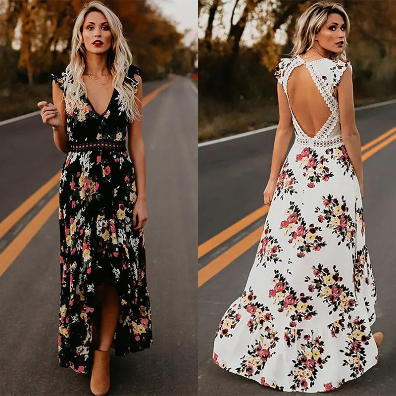 

Dresses White Summer Beach Dress Lace Women 2018 New Backless Dovetail V-neck Tunic Bohemian Boho Floral Elegant Long Maxi Dress