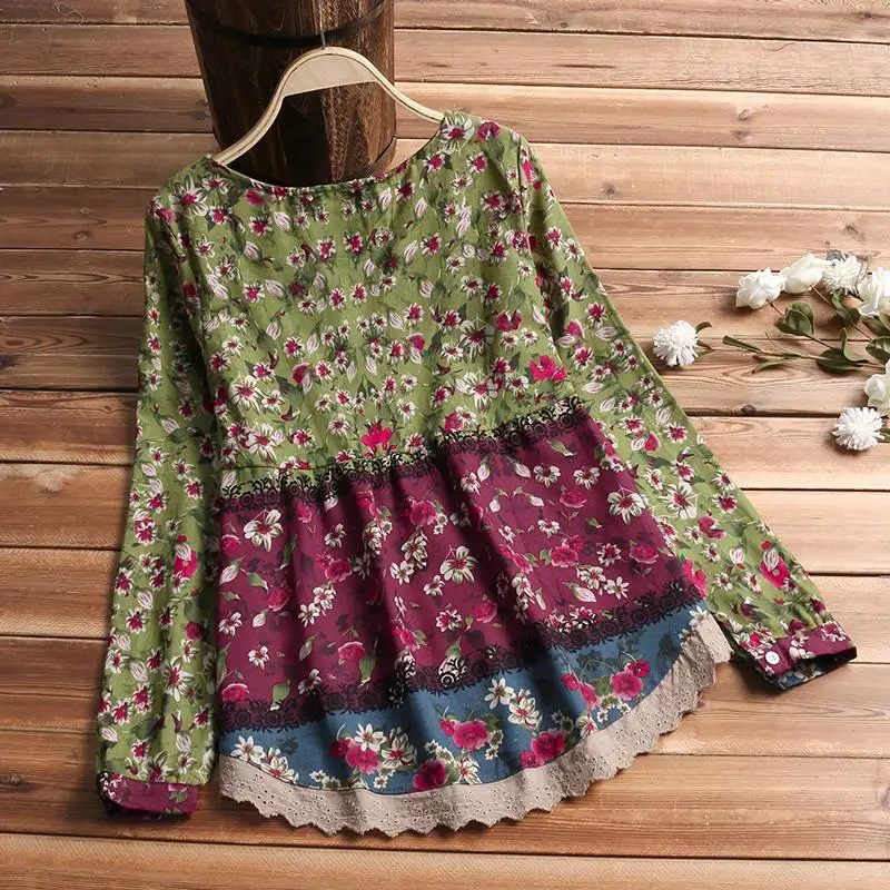 FREE SHIPPING Women Vintage Cotton Linen Top Spring Floral Printed Blouse Long Sleeve Shirt Casual Tunic Lace Patchwork Blusa JKP2754