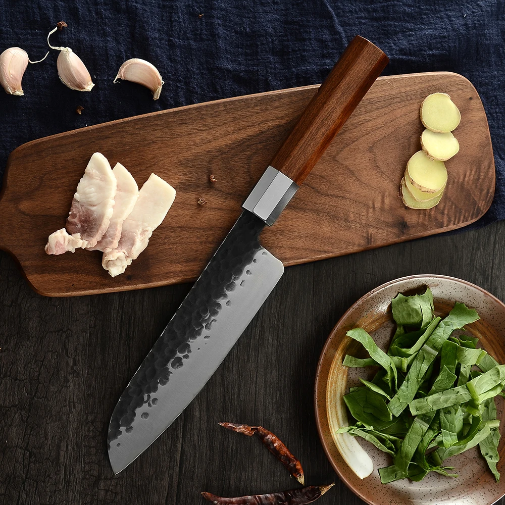 Цин нож из нержавеющей стали " шеф-повара 7" Santoku разделочный " кухонный нож молоток полосатая ручка Лезвие из нержавеющей стали нож для приготовления пищи
