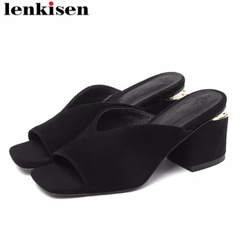 

Lenkisen large size natural leather chunky med heels peep square toe women sandals slip on mules young girls daily shoes L30