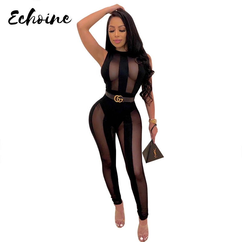 

Echoine Sexy Sheer Mesh See Through Night Club Party Jumpsuit Women Summer O Neck Sleeveless Long Skinny Jumpsuit Romper No Belt