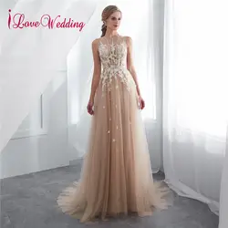 ILoveWedding 2018 Новое поступление линия Элегантный длинное вечернее платье шампанское кружевные фатиновые вечерние платья