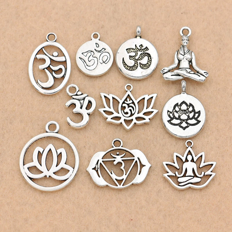 Amuletos Yoga Om de diseño granel para fabricación joyas DIY, hecho a mano colgante de plata, pulsera, pendientes, collar Retro|Amuletos| -