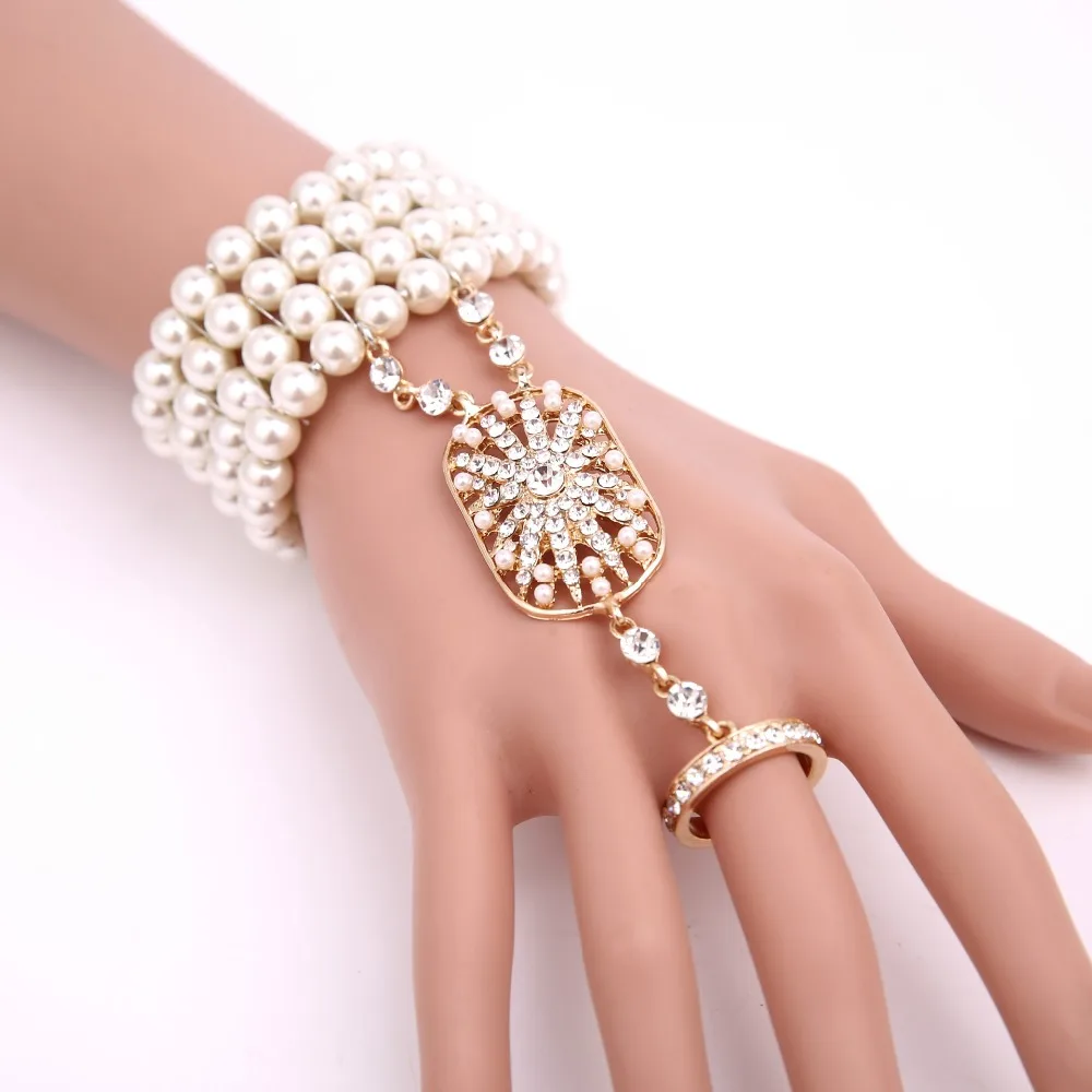 GREAT GATSBY 1920s BRACELET FLAPPER BANGLE CRYSTAL PEARL BRACELET RING