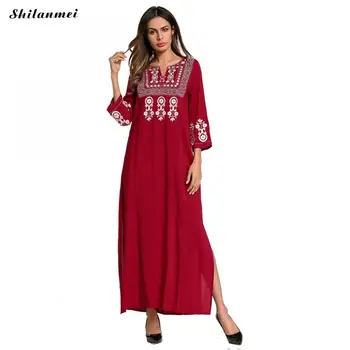 

Spring Summer 2018 Ethnic Embroidered Dress Ladies Elegant Floral Casual Muslim Long Dress Sexy Side Slit Loose Dresses Women