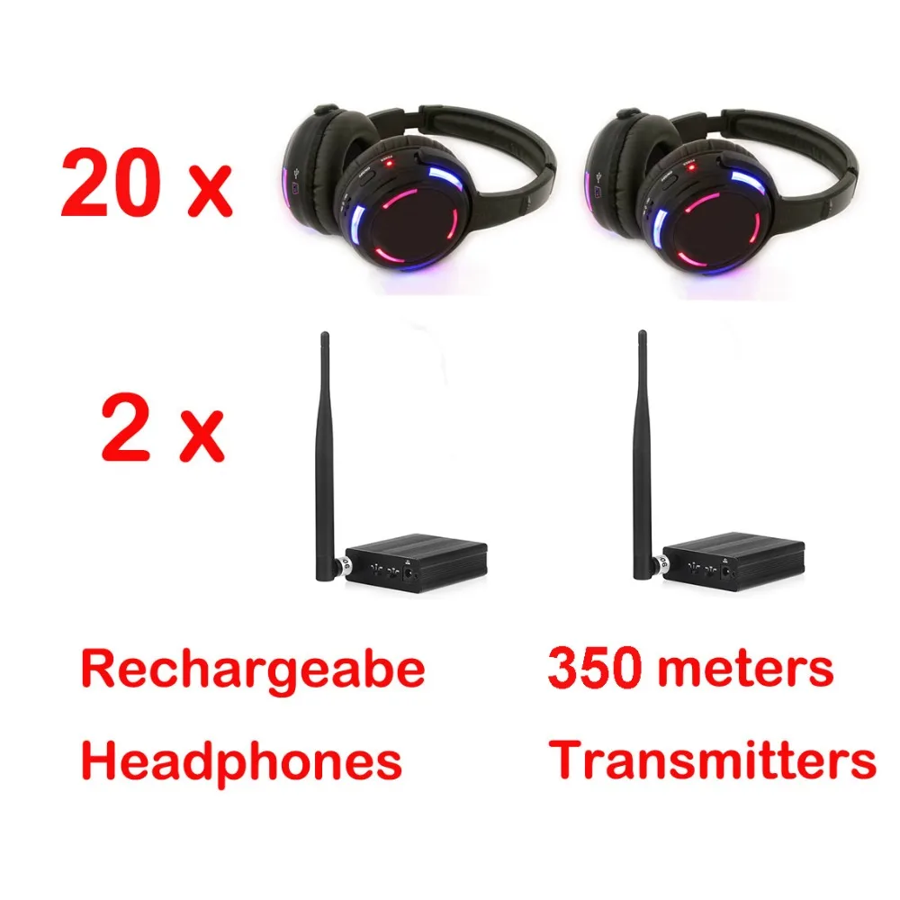 500m distance Professional Silent Disco 20 LED Headphones with 2 transmitters- RF Wireless For DJ club party meeting broadcast