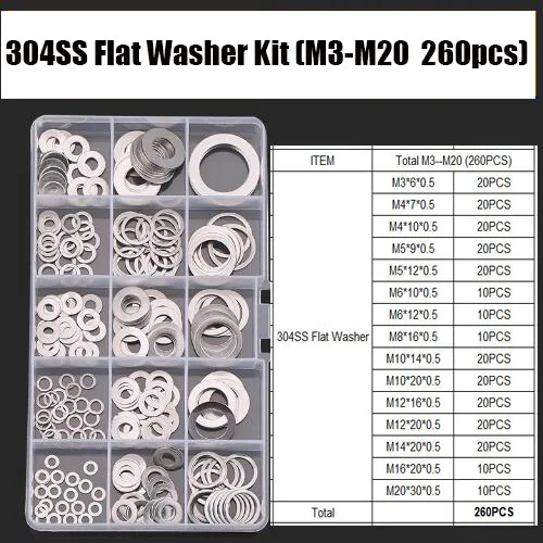 

260Pcs/set DIN125 M3 M4 M5 M6 M8 M10 M12 M14 M16 M20 304 Stainless Steel Flat Washer Plain Washer Gaskets Assortment Kit
