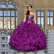 Есть Милая Фиолетовый Органзы Бальные Платья Бисером платья Quinceanera Дешевые Платья Quinceanera Vestidos Де 15 Anos