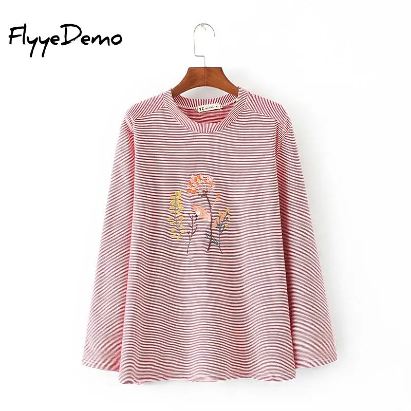

4XL Autumn New Korean Vintage Cotton O Neck Floral Embroidery Striped Pink T Shirt Knitting Long Sleeve Casual Tops Plus Size