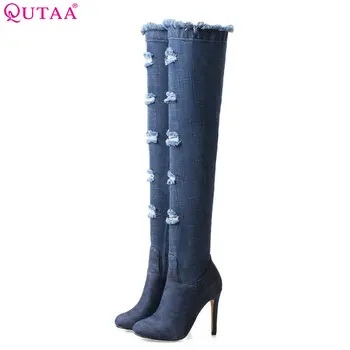 

QUTAA 2018 Women Over The Knee High Boots Denim Thin High Heel Round Toe Fashion Zipper Westrn Style Women Boots Size 34-43