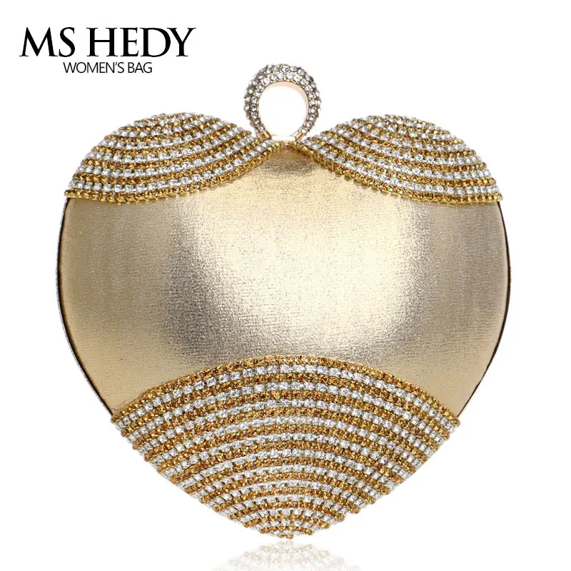 

heart shape luxury rhinestones women evening bag bracelet with shouder chain lady hand bag finger ring gold party diamond purse