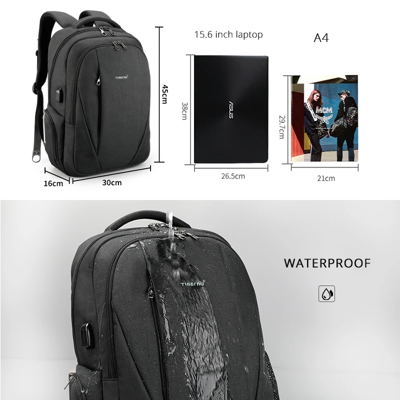  Tigernu USB Waterproof Anti Theft Backpacks for Men 15.6 inch Laptop Male Backpack for Travel Schoo - 32973586980