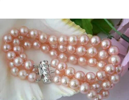 

A REAL 3row 8" 9mm pink fw pearl bracelet bangle Z2498
