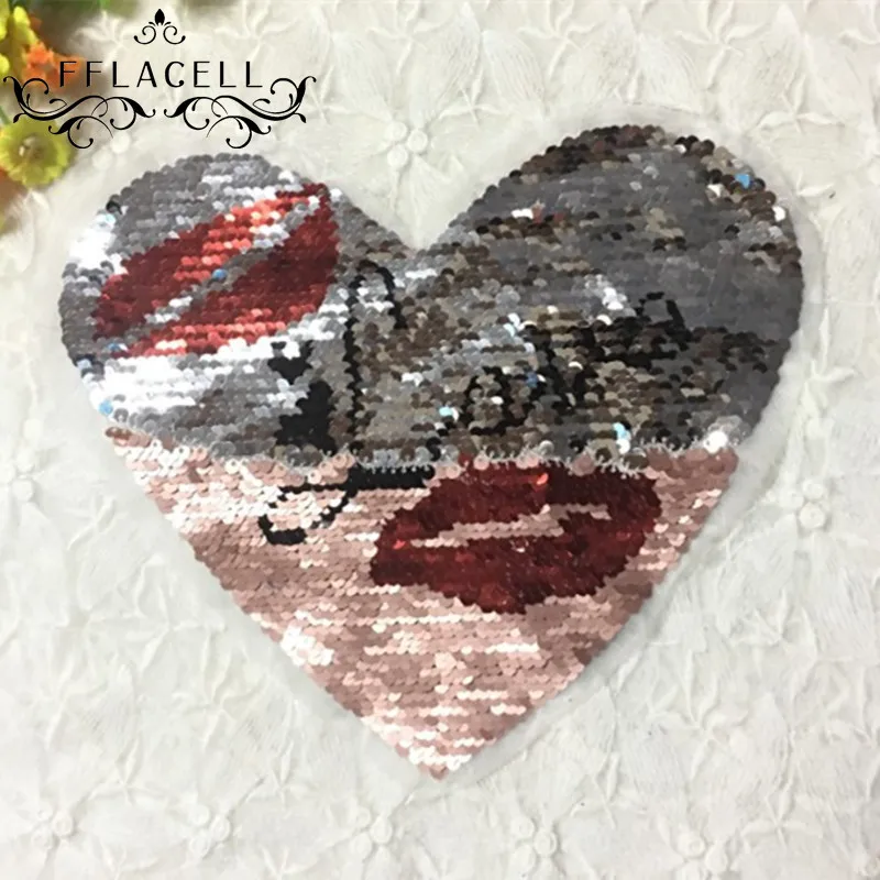 

FFLACELL Reversible change color Sequins LOVE letters heart kiss Sew On Patches for clothes DIY Patch Applique Crafts