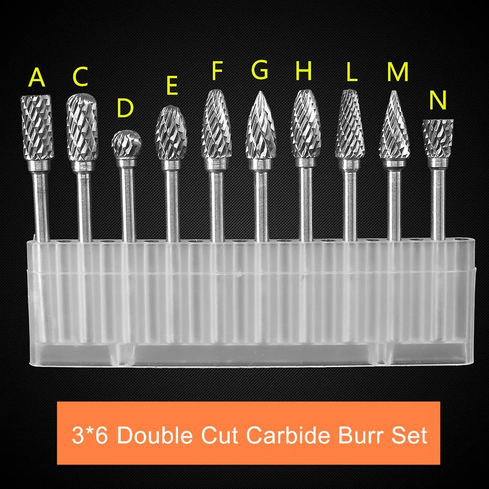 10pcs Double Cut Tungsten Carbide Rotary burr Set Metal Carving Drilling Polishing Bits with 3mm Shank for Die Grinder 10pcs Double Cut Tungsten Carbide Rotary burr Set Metal Carving Drilling Polishing Bits with 3mm Shank for Die Grinder