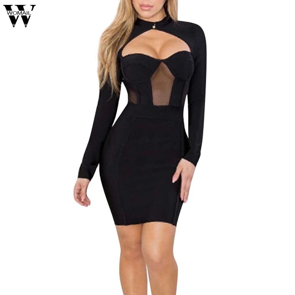 

Womail Women Sexy Long Sleeve Solid O-Neck Party Dress Perspective Clubwear Casual Patchwork Zipper Dress dropship d19