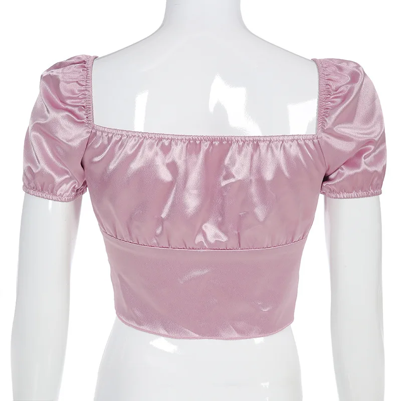 Женская атласная Винтажная футболка с коротким рукавом, на шнуровке, с открытой спиной, розовый укороченный топ, Сексуальная футболка, Элегантная футболка, женская летняя футболка, кавайный Топ