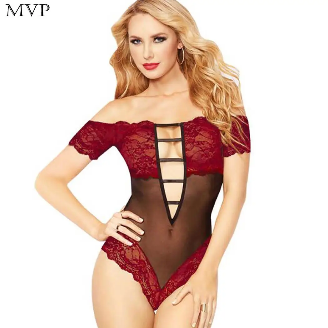 

Sexy Lingerie Women Catsuit Slash Neck Mesh See Through Hollow Out Sexy Costumes Underwear Bodysuit Black Red Plus Size XXXL