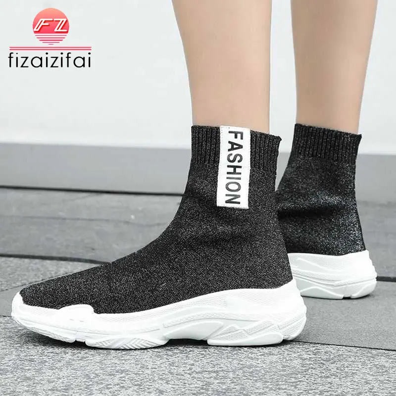 

FizaiZifai Women Ankle Boots Real Leather Patchwork Knitting Stretch Winter Shoes Women Flats Boots Casual Footwear Size 34-39