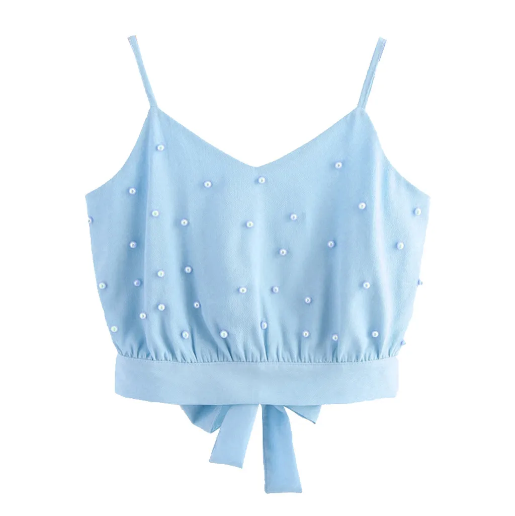Fashion Womens Sexy Summer Vest Chiffon Camisole Sleeveless Tops Solid Pearl Beading Camis Camis Cami Tank Top For Lady Girl
