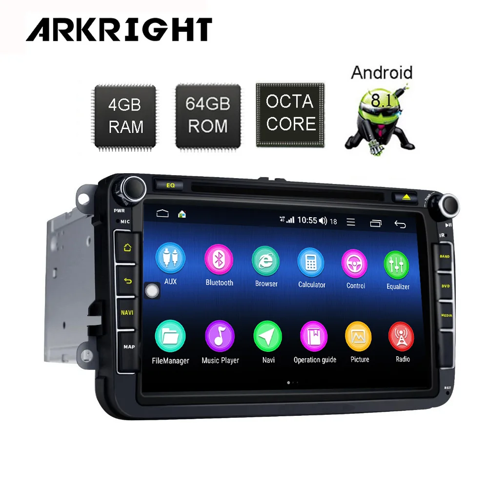 

ARKRIGH 8" 4+64GB Android 8.1 autoradio Stereo HU support 4G SIM card GPS player for VW Skoda POLO GOLF PASSAT car Multimedia