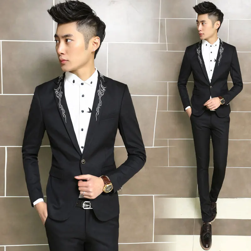 2pc 2015 Korean Casual Suits Slim Fit Men Fashion Floral Wedding Dress ...