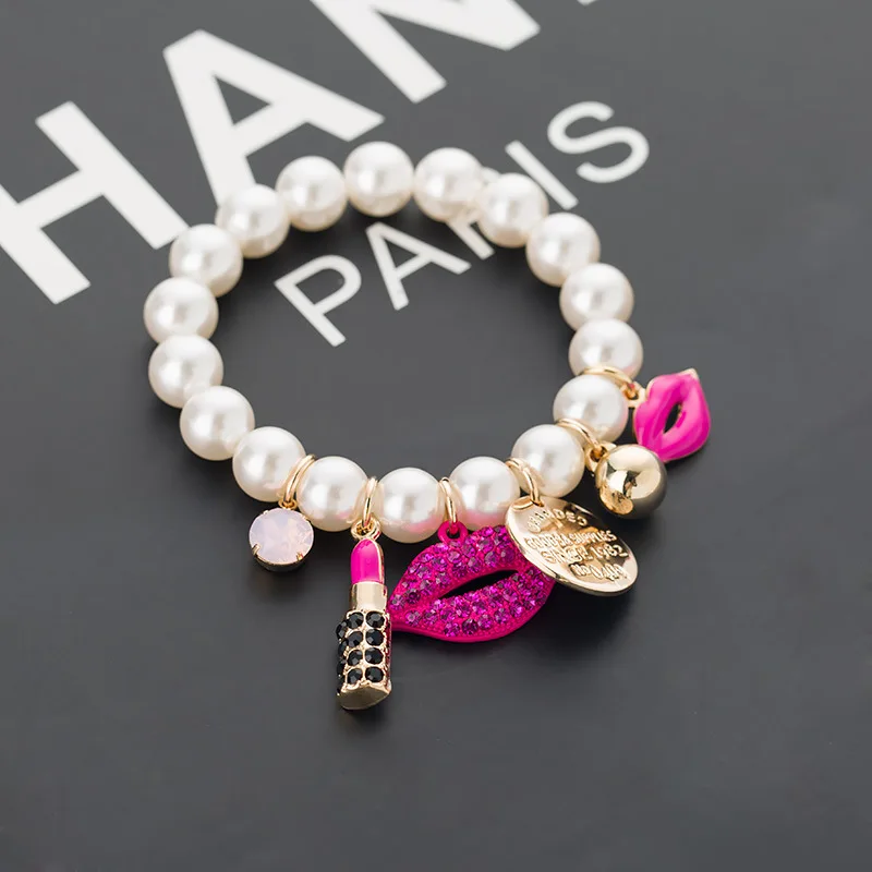 

SHIFEEL New Chain Jewelry Bracelets Rhinestone Red Lips Lipstick Imitation Pearl jewelry Pulseiras bracelet ladies Accessories