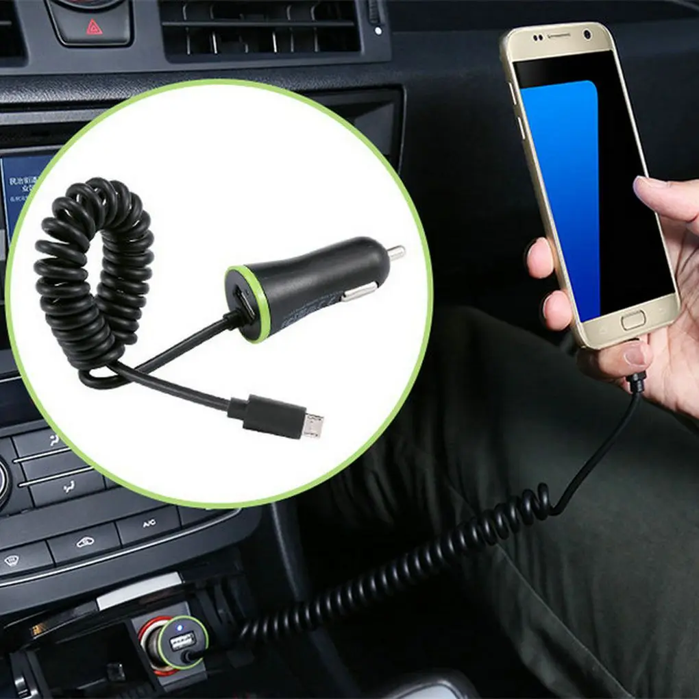 

Portable Quick Charge Car Charger Build-in Spring Cable Micro USB Type-C Car Cigarette Lighter Charger Adapter
