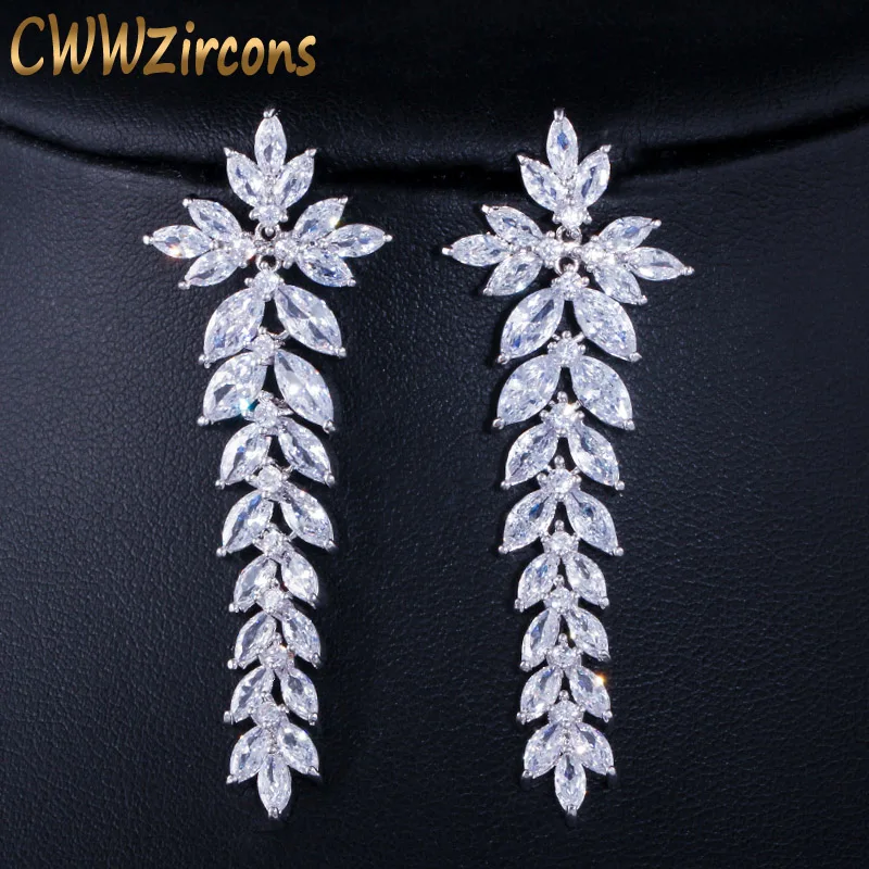 

CWWZircons Sparkling Cubic Zirconia Paved Long Leaf Drop Dangle Wedding Earrings for Women Dinner Party Dress Jewelry CZ454