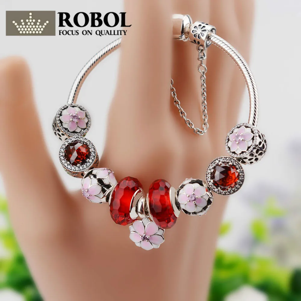 

ROBOL Hot Sale 100% 925 Sterling Silver Bangles & Bracelet Adjustable With Mum Sweetheart Charms Beads Fit Original Jewelry Gift