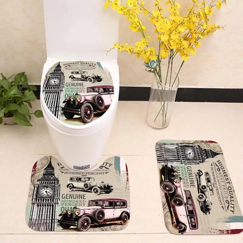 

3pcs Bath Mats Places of Historic Interest Anti Slip Flannel Floor Rugs Cushion Toilet Seat Cover Bath Mats for Home Decorations