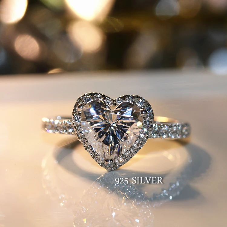 Роскошные женские Кристалл Циркон Камень кольцо Симпатичные 925 Серебро Большое сердце обручальное обещание обручальные кольца для влюбленных для женщи