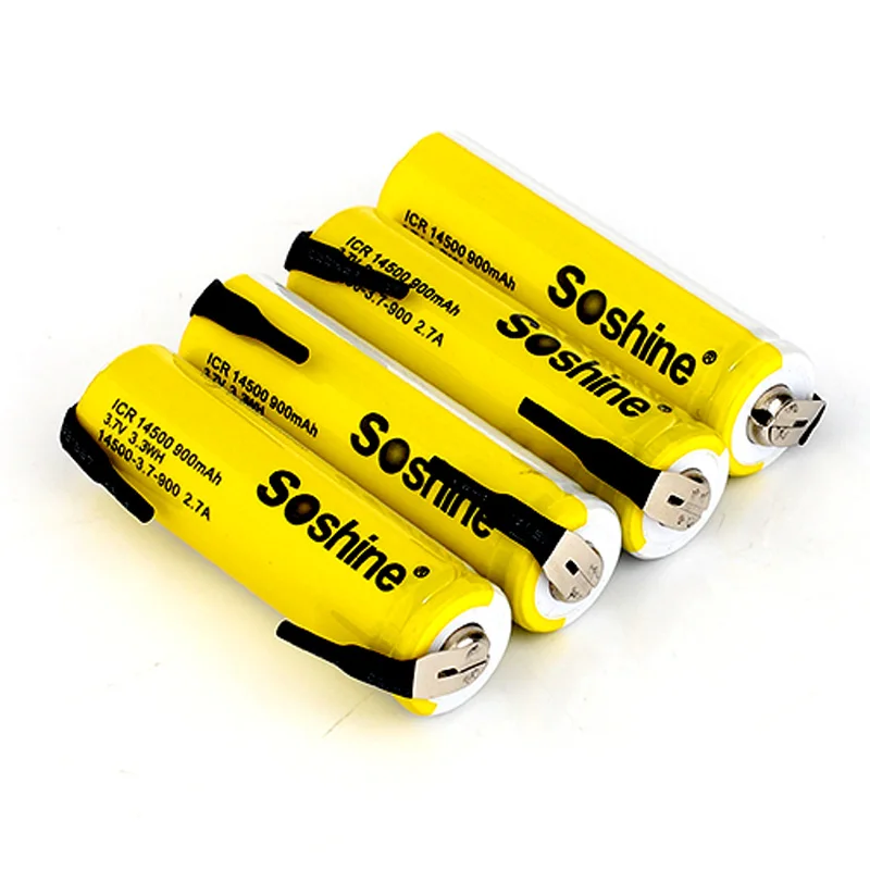 4 шт SOSHINE Li-Ion 14500 AA 900MAH 3,7 V Высокая дренажная перезаряжаемая батарея с вкладкой точечная сварка+ батарейный отсек для хранения