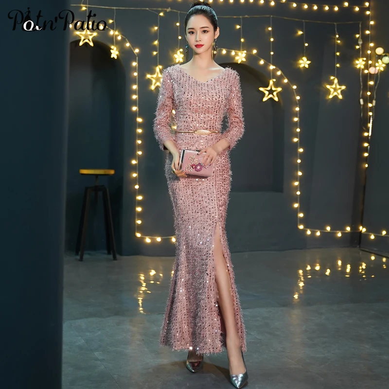 

Long Sleeve Prom Dresses 2019 V-neck Pink Sequined Mermaid Prom Dresses Plus Size Party Dresses Women Evening