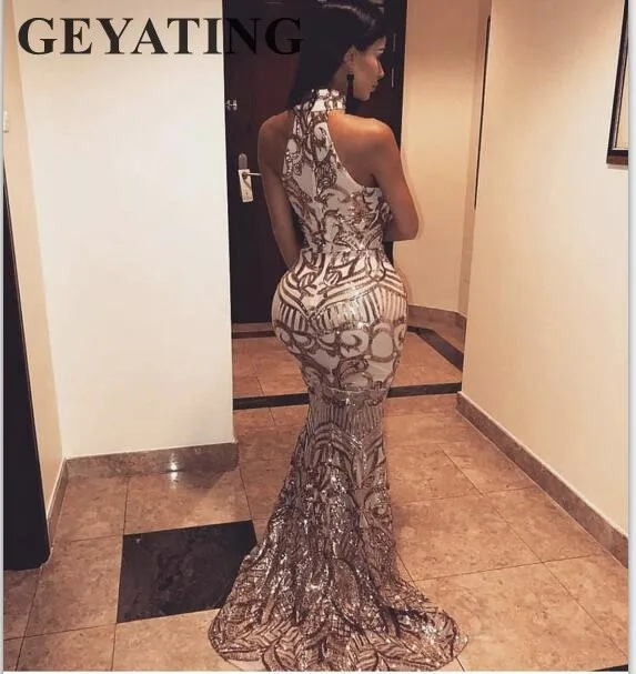 Arabic Gold Sequins Mermaid Evening Dress Long 2019 Elegant Off Shoulder Halter Women Formal Dress Party Prom Dresses in Stock