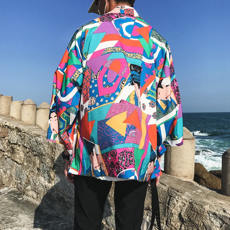 OSCN7 المطبوعة كيمونو سترة قميص الرجال الشارع 2019 كوريا كم الربع الثالث معطف قمصان Harujuku رجل قميص 8805