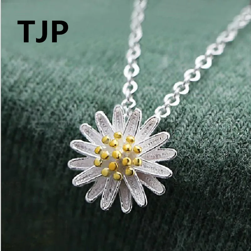 

TJP Cute Sunflower Design Female Pendant Necklace For Women Party Fashion 925 Sterling Silver Choker Necklace Girl Accessories