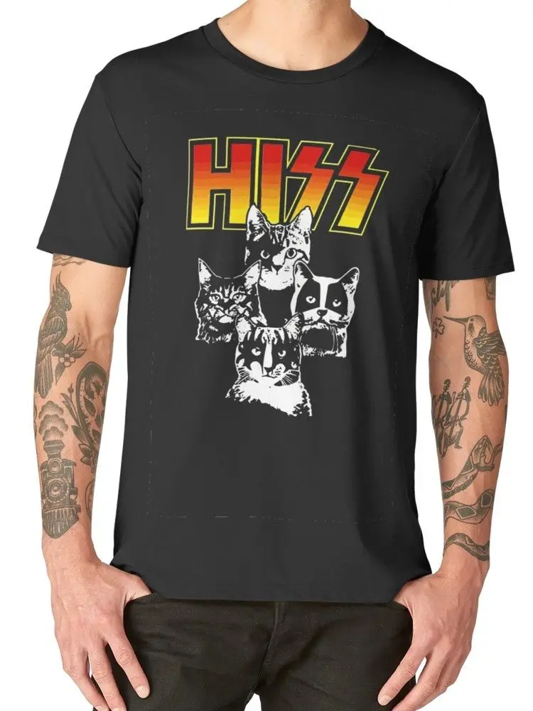 Print Tee Shirts Men's Fashion Crew Neck Hiss Kiss Cats Kittens Rock