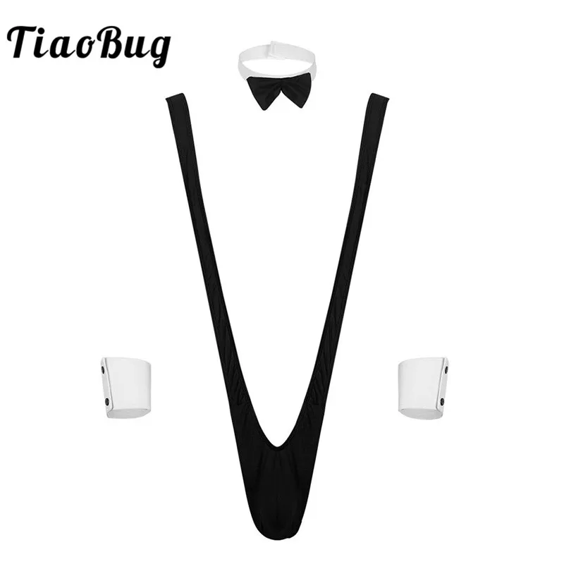 

TiaoBug Men Borat mankini Gentleman Costume Set Three-piece Stretchy Underwear Strings Thong mankini Bodysuit with Bowtie Cuffs