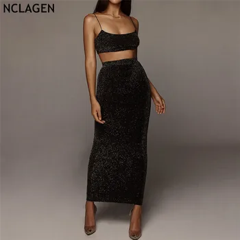 

NCLAGEN 2019 New Spring Party Club Skirts Set Slash Neck Spaghetti Strap Tanks & Slim Fitness Skirts Shining 2 PCs Suit Outfits